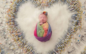 Imágen de Samantha Packer, de Family Photography de una bebé retratada con las 1.616 inyecciones que su madre usó para concebirla